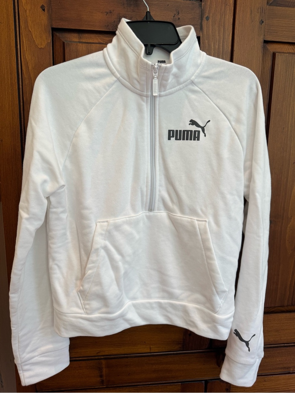 Puma Ladies Small White Half-Zip Pullover with Pockets with Dark Gray Logo. EUC